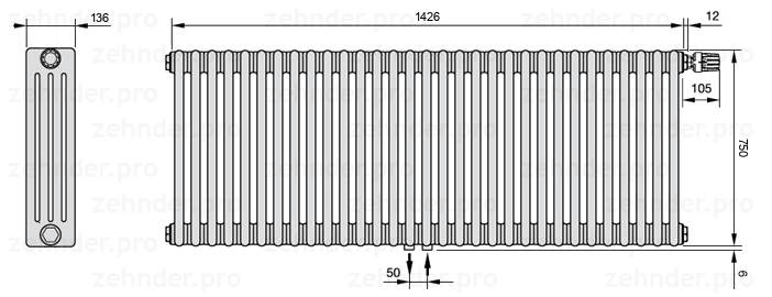 Схема (чертеж) Радиатор Zehnder Charleston 4075/31 №V008 Белый глянцевый RAL 9016